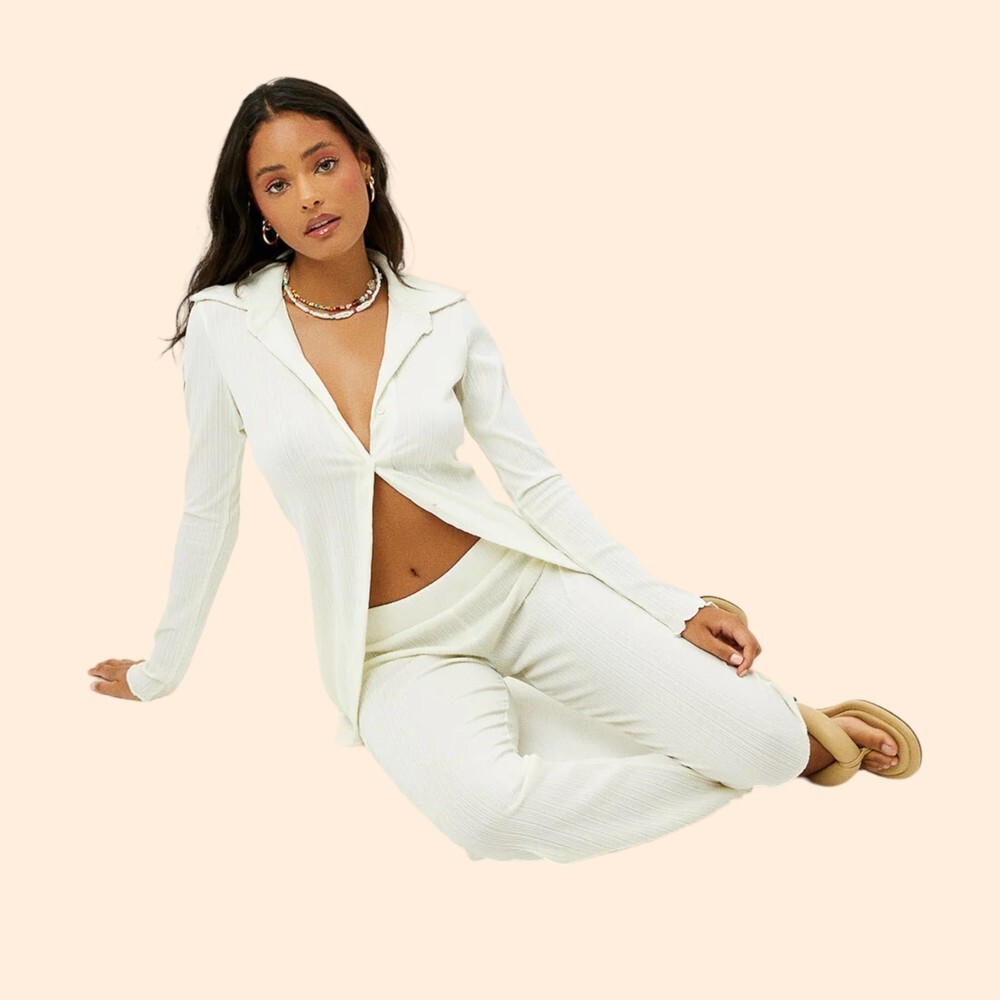 Frankie's Bikinis Cream Ribbed Pantsuit Set